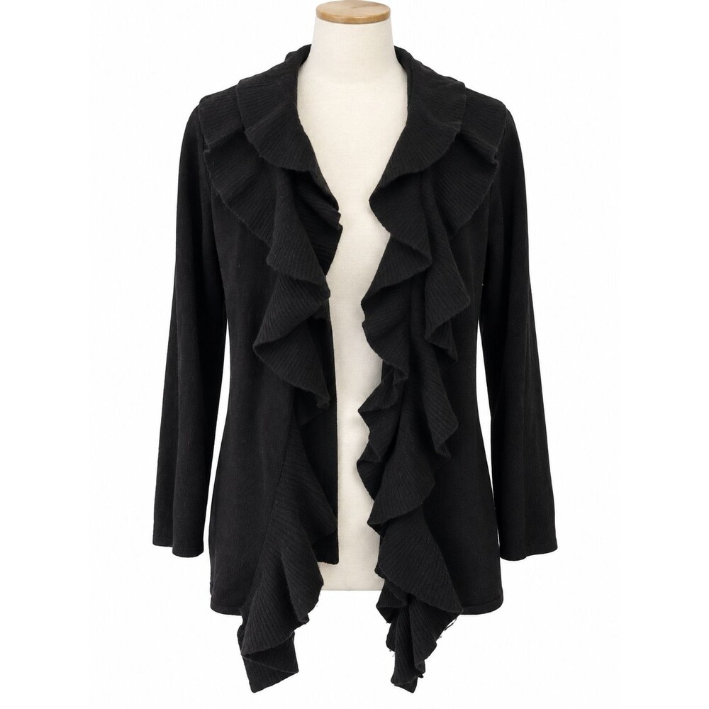 Saks Fifth Avenue 100% Cashmere Sweater Size Medium Black Ruffle Trim Open Front